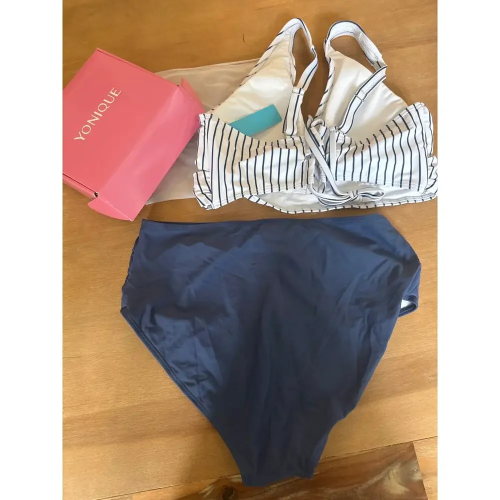 Yonique Womens Two-Piece NWT Swimsuit Blue Striped Large
